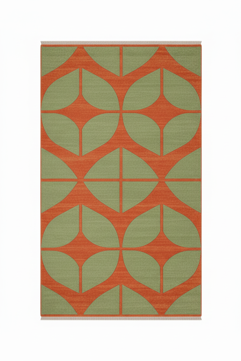 orange and green patterned wool rug