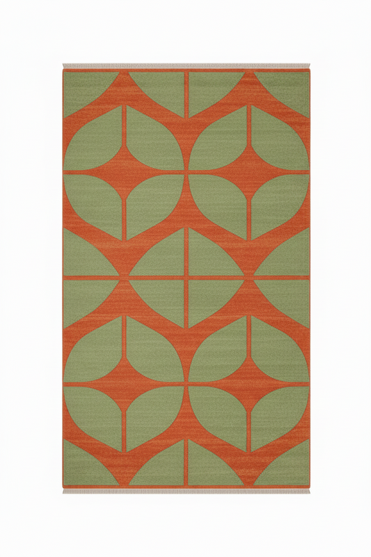 orange and green patterned wool rug
